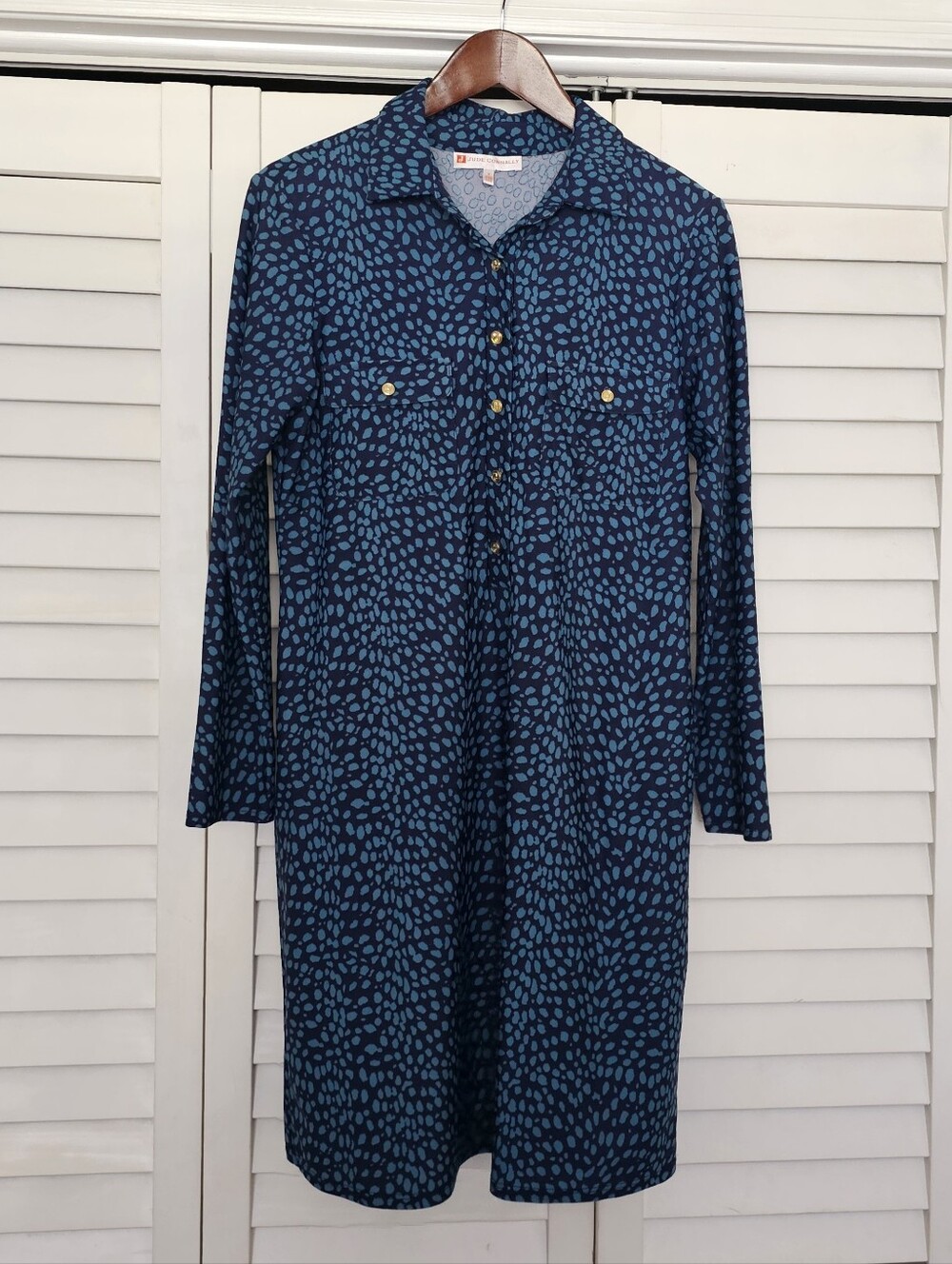 Jude Connally Shirt Dress Size S Blue Black Speckled Print Gold Button Front